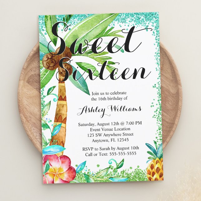 Invitación Luau Tropical Acuarela Falso Brillo Dulce 16 (Subido por el creador)