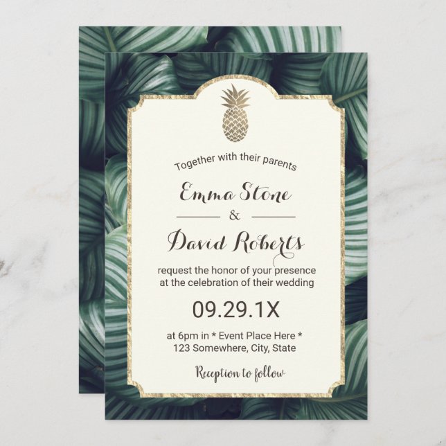 Invitación Luau Tropical deja Boda de piña de oro (Anverso / Reverso)