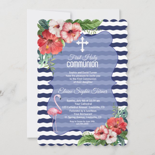 Invitación Luau Tropical Flamingo Floral Primera Comunión San (Anverso)