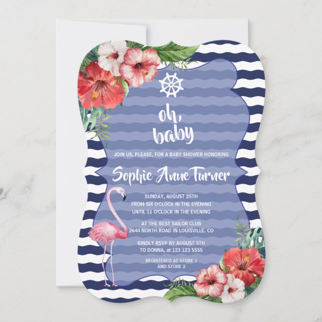 Invitación Luau Tropical Flamingo Stripes BABY SHOWER (Anverso)