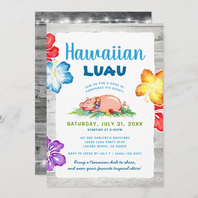 Invitación Luau Tropical Hawaiano | Cerdo Asado Floral Rústic (Anverso / Reverso)