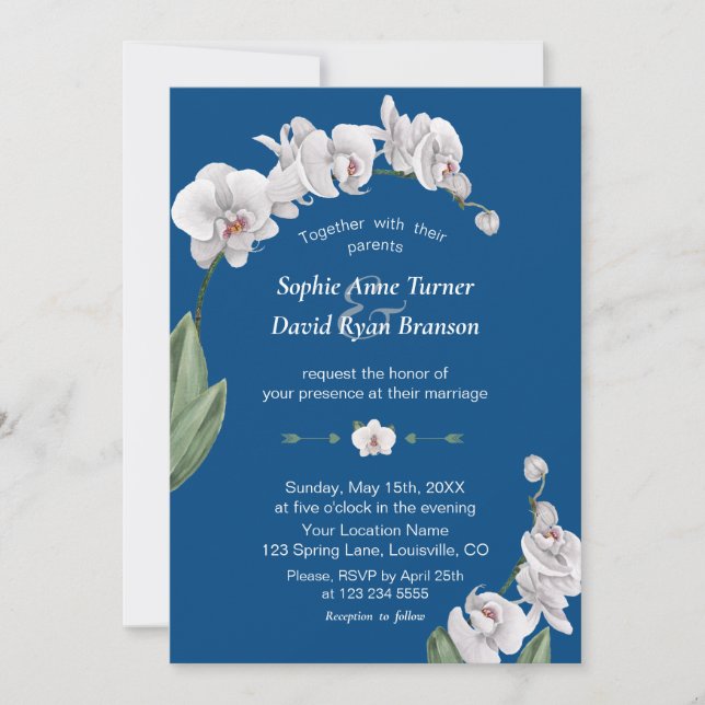 Invitación Luau Watercolor Orquídea Blanca Clásico Boda Azul (Anverso)