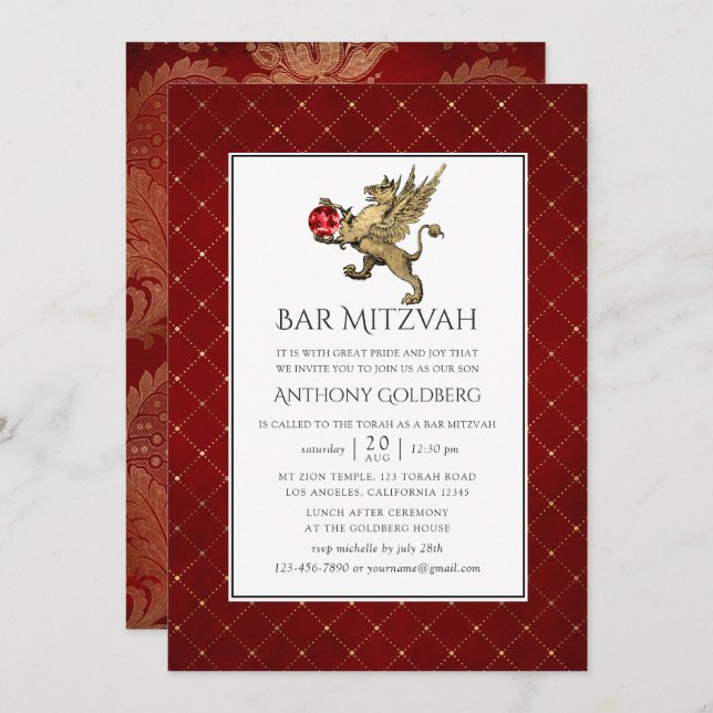 Invitación Luce Red and Gold Damask y Lattice Bar Mitzvah (Anverso / Reverso)