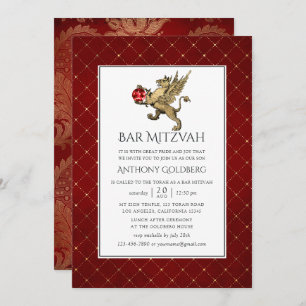 Invitación Luce Red and Gold Damask y Lattice Bar Mitzvah