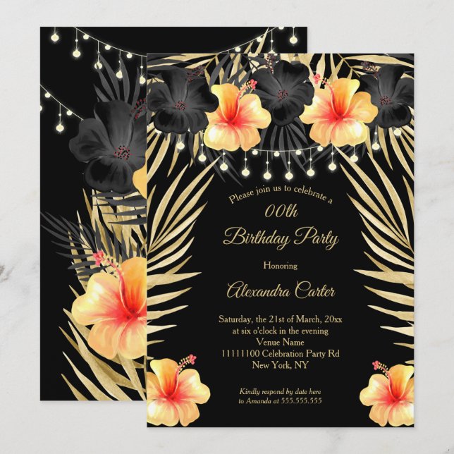 Invitación Luces amarillo dorado negro Hibiscus Fiesta tropic (Anverso / Reverso)