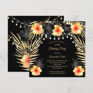Invitación Luces Amarillo Oro Negro Hibisco Fiesta Tropical