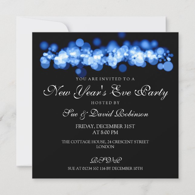 Invitación Luces azules de Bokeh del fiesta de Noche Vieja (Anverso)