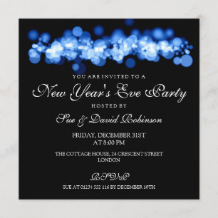 Invitación Luces azules de Bokeh del fiesta de Noche Vieja