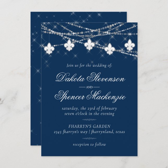 Invitación Luces azules de la Marina de Fleur de Lis | Boda r (Anverso / Reverso)