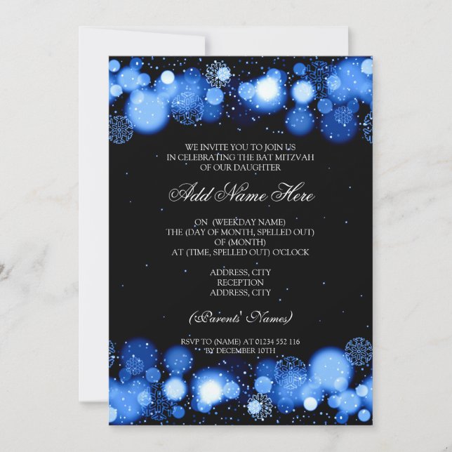 Invitación Luces azules de los copos de nieve de Mitzvah del (Anverso)