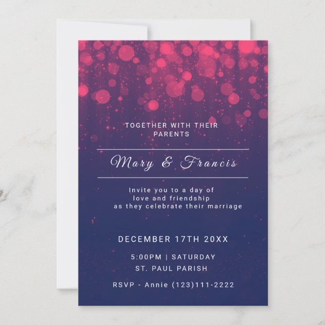 Invitación Luces azules y púrpura y Boda Purpurina (Anverso)