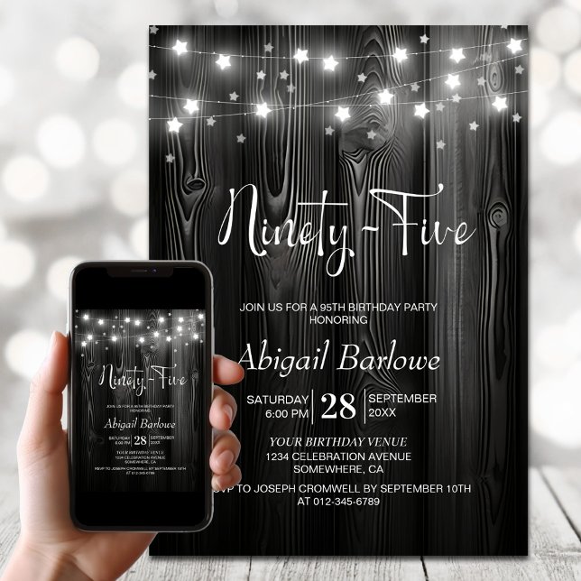 Invitación Luces Blancas de Cuerda Madera Negra Cumpleaños 95 (Subido por el creador)