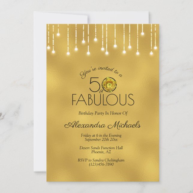 Invitación Luces Blancas Faux Metallic Gold Cactus 50 Fabulou (Anverso)