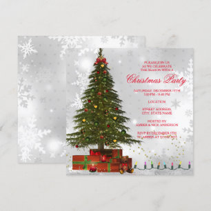 Invitación Luces Blancas Rojas Árbol Fiesta Navideña Festiva