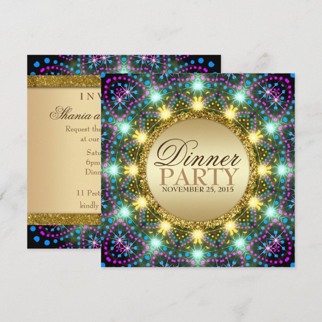 Invitación Luces Bohemias Colores Destello Dorado (Anverso / Reverso)