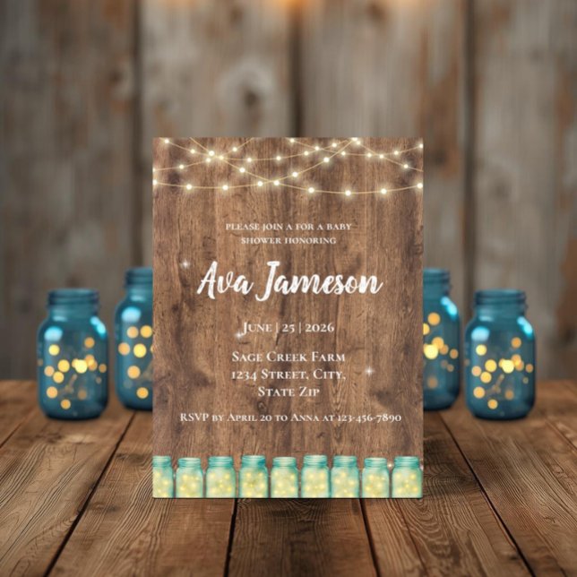 Invitación Luces Boho en Frascos de Mason Rústicos para Baby  (Cozy rustic wood baby shower invitation featuring glowing string lights and charming mason jars.)