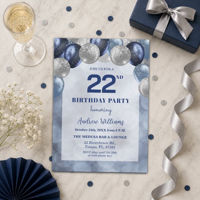 Invitación Luces Bokeh 22º Cumpleaños Fiesta Glitter Balloons (Subido por el creador)