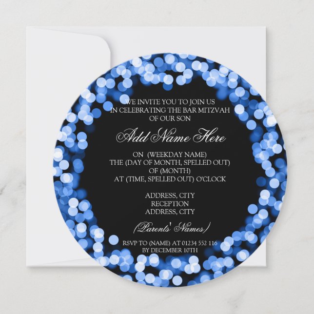 Invitación Luces brillantes azules de Mitzvah de la barra (Anverso)