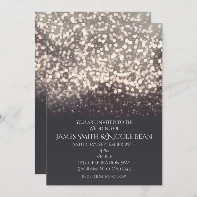 Invitación Luces Brillantes Boda Romántica Moderna Gris (Anverso / Reverso)