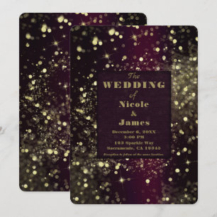 Invitación Luces Brillantes Burdeos y Doradas Boda Glamurosa