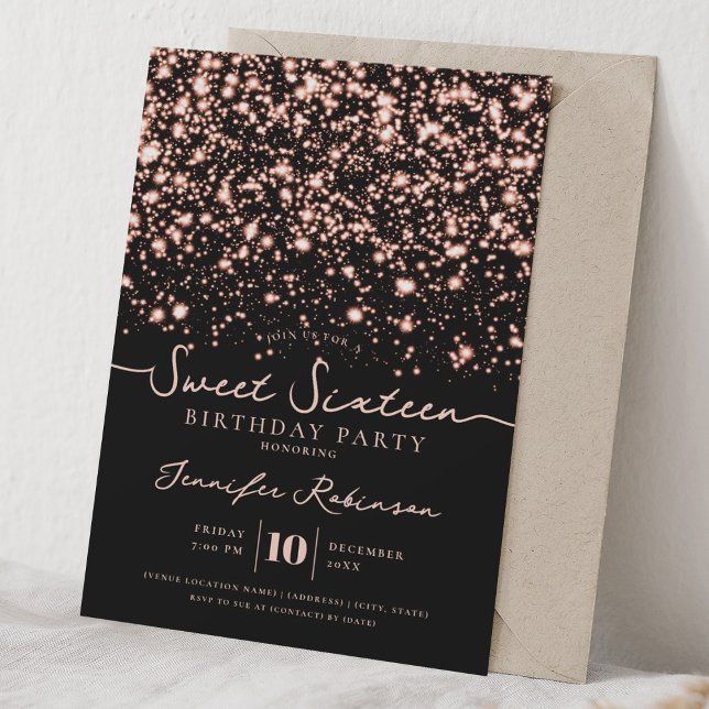 Invitación Luces Brillantes Chic Cumpleaños 16 Dulces Rosa Do (Chic Gitter Lights Sweet 16 Birthday Rose Gold Invitation)