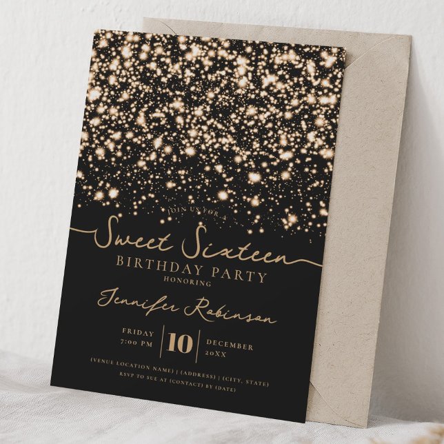 Invitación Luces Brillantes Chic Cumpleaños Dulces 16 Fiesta  (Chic Glitter Lights Sweet 16 Birthday Party Gold Invitation)