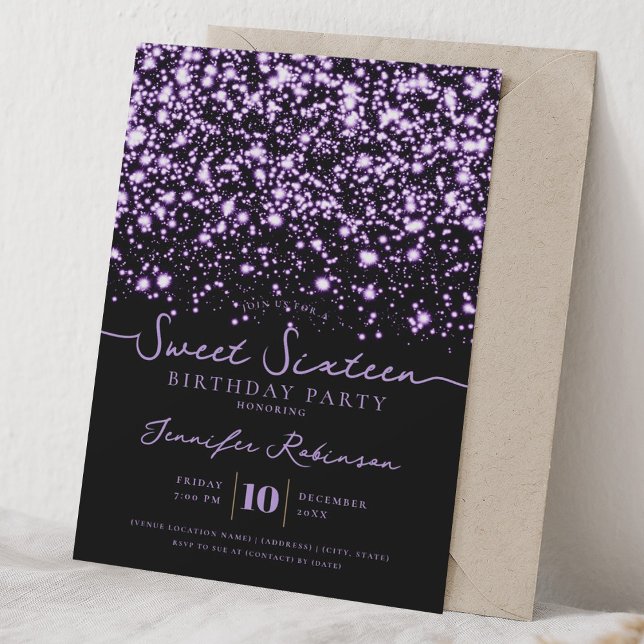 Invitación Luces Brillantes Chic Cumpleaños Dulces 16 Morado  (Subido por el creador)