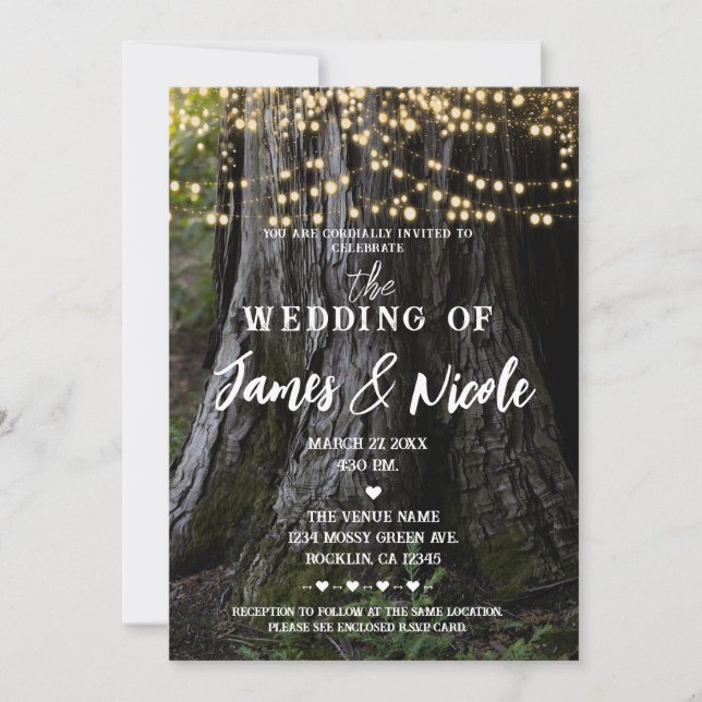 Invitación Luces Brillantes de Árbol Woodsy Bosque Boda Rústi (Anverso)