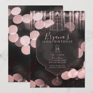 Invitación Luces Brillantes de Destellos Rosados y Negros Noc