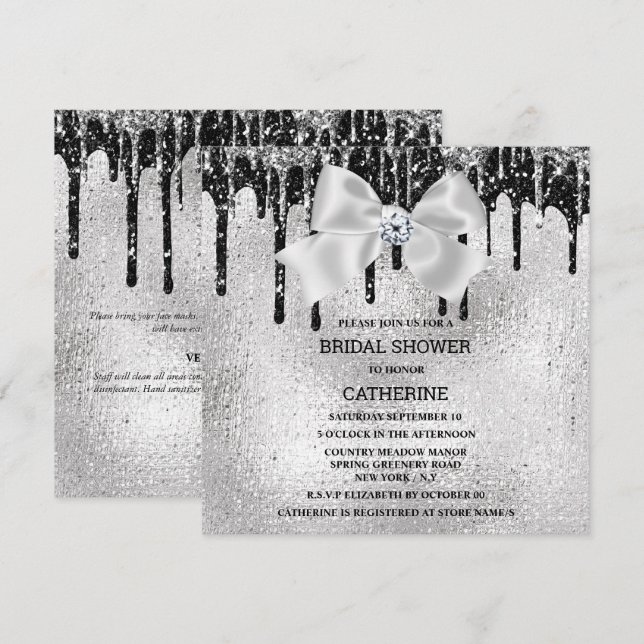 Invitación Luces brillantes de diamante negro plateado lujoso (Anverso / Reverso)