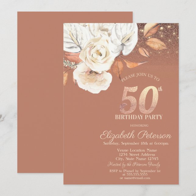 Invitación Luces Brillantes de Flores de Otoño Cumpleaños 50 (Anverso / Reverso)