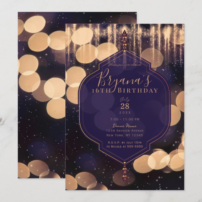 Invitación Luces Brillantes de Oro Púrpura Noche Mística Dulc (Anverso / Reverso)