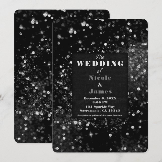 Invitación Luces Brillantes Negras y Plateadas Boda Glamurosa (Anverso / Reverso)