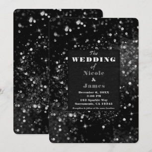 Invitación Luces Brillantes Negras y Plateadas Boda Glamurosa