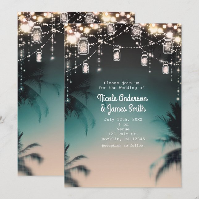 Invitación Luces Brillantes Palmeras Elegante Boda de Playa (Anverso / Reverso)
