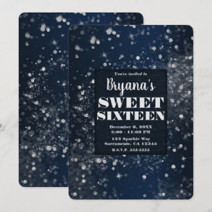Invitación Luces Brillantes Plateadas Azules Glam Fiesta Dulc
