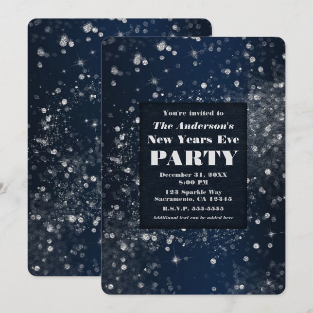 Invitación Luces Brillantes Plateadas de Año Nuevo (Anverso / Reverso)