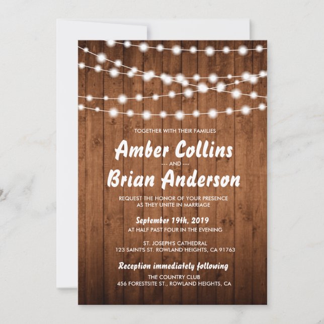 Invitación Luces brillantes Rústica Boda de campo de madera d (Anverso)