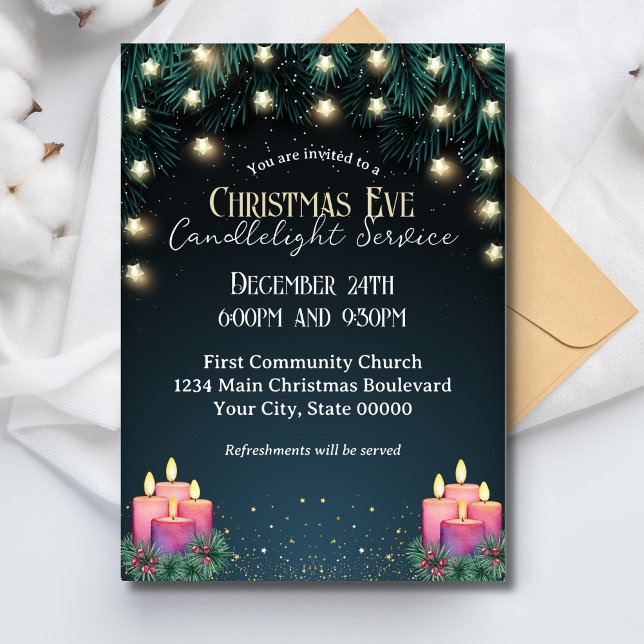 Invitación Luces Brillantes Servicio de Velas de Nochebuena (Subido por el creador)