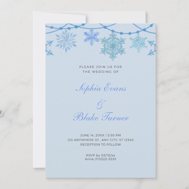 Invitación Luces colgantes azules y Boda azul de copos de nie (Anverso)