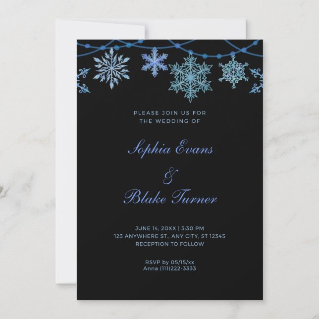 Invitación Luces colgantes azules y copos de nieve Boda negro (Anverso)