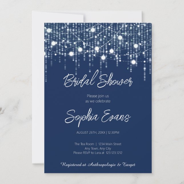 Invitación Luces Colgantes Modernas Azules y Blancas para Des (Anverso)