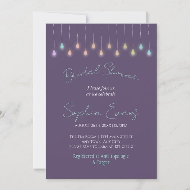 Invitación Luces colgantes modernas Ducha Morada Bridal (Anverso)