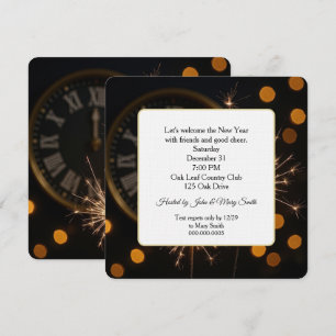 Invitación Luces de Año Nuevo en un reloj de medianoche