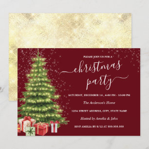 Invitación Luces de árbol con destellos dorados rojos Navidad