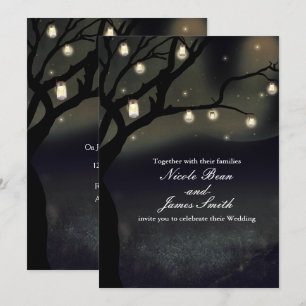 Invitación Luces de árbol de noche rústica y frascos de albañ