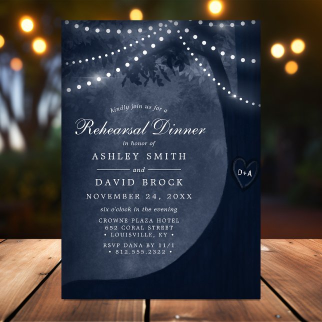 Invitación Luces de árbol rústicas azul marino para cena de e (Subido por el creador)