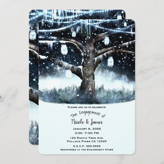 Invitación Luces de árbol rústicas de invierno Engagement (Anverso / Reverso)