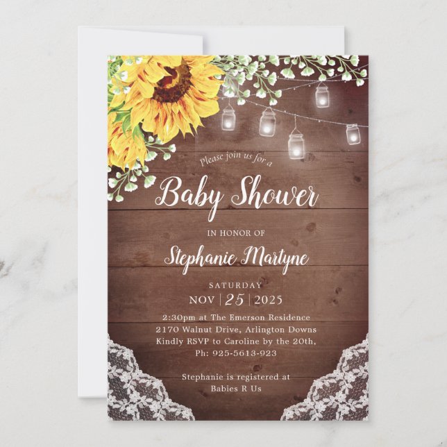 Invitación Luces de Baby Shower Sunflower Lace Mason Jar (Anverso)