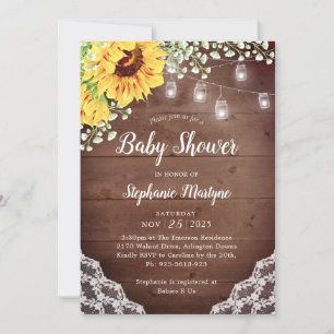 Invitación Luces de Baby Shower Sunflower Lace Mason Jar